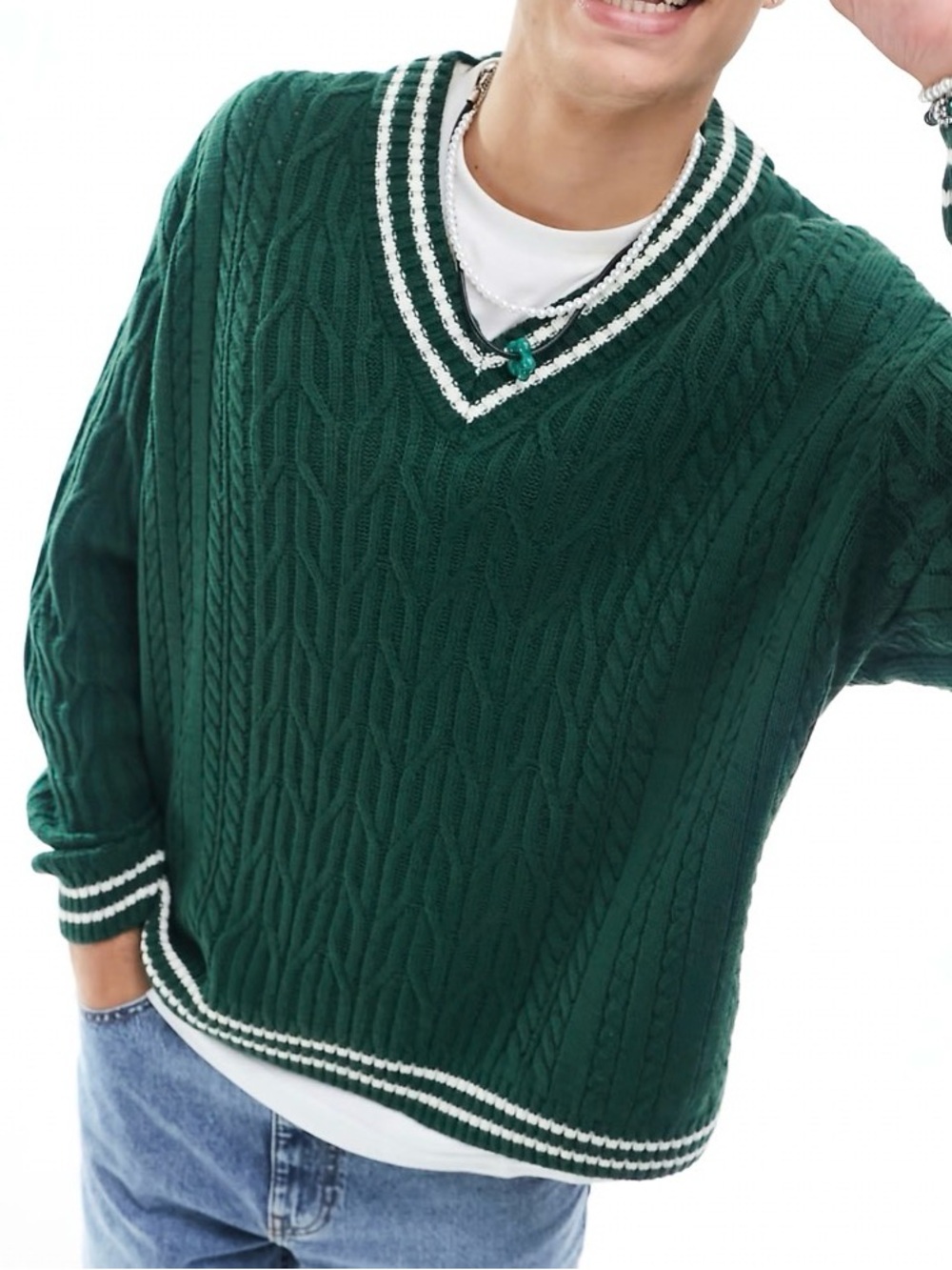 ASOS DESIGN Green & White V-neck Cable Knit Sweater Men’s Medium Oversized